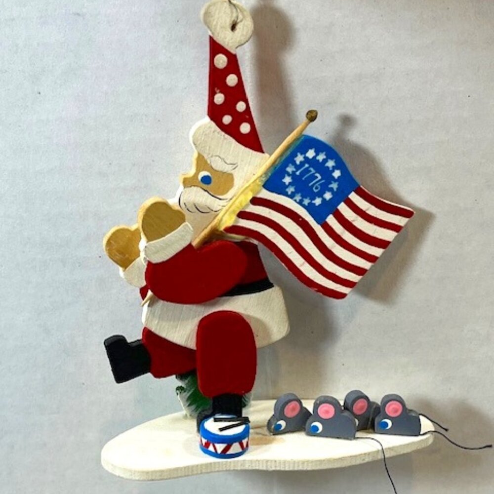 VTG Emgee Ornament Santa Marching with Flag Bicentennial Wooden 3.5"x5"